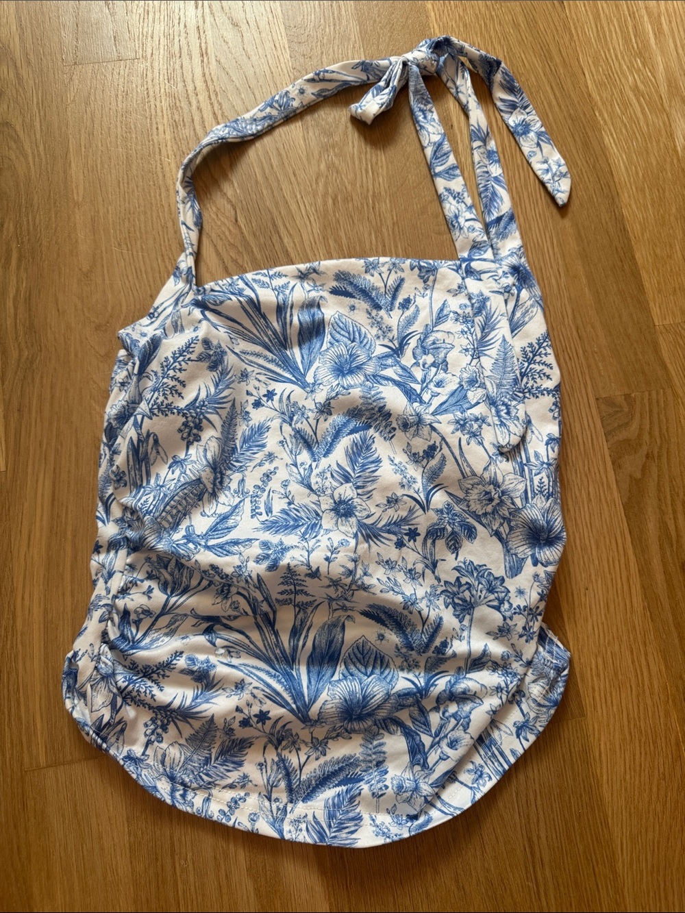 SHEIN Blue and White Floral Halter Tie Tank Top
